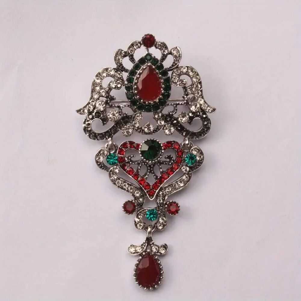 Vintage Filigree Brooch – Silver-Plated with Red, Green & Clear Rhinestones
